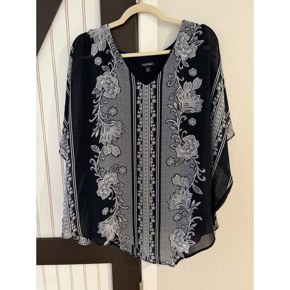 Roz & Ali Navy Blue Floral Kaftan Lined Blouse Top Plus Size 2X